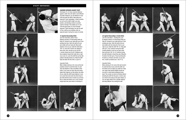 Sample pages from 'The Art of Weapons'; armed and unarmed self-defense involving common weapons; one in a series of remarkable books that provide an in-depth look at the core concepts and techniques shared by a broad range of martial arts styles. Contains over 350 practical techniques organized into in-depth chapters on the knife, short-stick, staff, cane, rope, common objects, and defense against handgun.