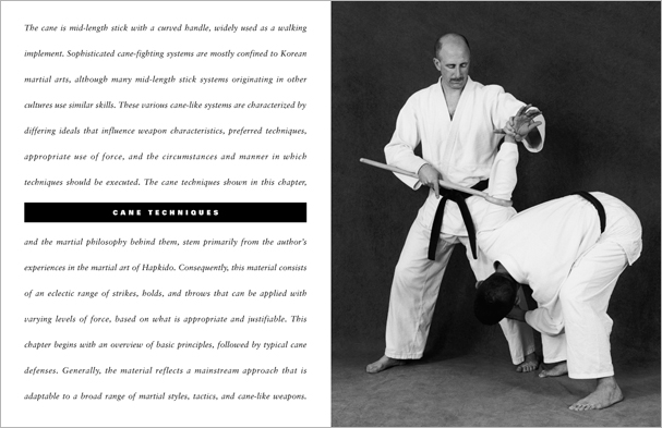 Sample pages from 'The Art of Weapons'; armed and unarmed self-defense involving common weapons; one in a series of remarkable books that provide an in-depth look at the core concepts and techniques shared by a broad range of martial arts styles. Contains over 350 practical techniques organized into in-depth chapters on the knife, short-stick, staff, cane, rope, common objects, and defense against handgun.