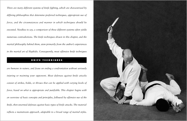 Sample pages from 'The Art of Weapons'; armed and unarmed self-defense involving common weapons; one in a series of remarkable books that provide an in-depth look at the core concepts and techniques shared by a broad range of martial arts styles. Contains over 350 practical techniques organized into in-depth chapters on the knife, short-stick, staff, cane, rope, common objects, and defense against handgun.