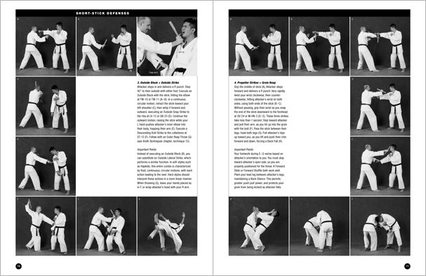 Sample pages from 'The Art of Weapons'; armed and unarmed self-defense involving common weapons; one in a series of remarkable books that provide an in-depth look at the core concepts and techniques shared by a broad range of martial arts styles. Contains over 350 practical techniques organized into in-depth chapters on the knife, short-stick, staff, cane, rope, common objects, and defense against handgun.