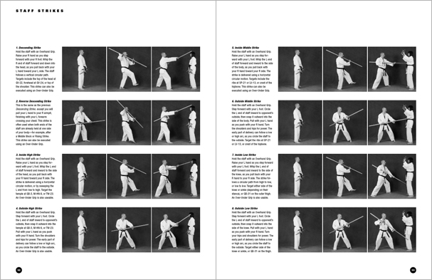 Sample pages from 'The Art of Weapons'; armed and unarmed self-defense involving common weapons; one in a series of remarkable books that provide an in-depth look at the core concepts and techniques shared by a broad range of martial arts styles. Contains over 350 practical techniques organized into in-depth chapters on the knife, short-stick, staff, cane, rope, common objects, and defense against handgun.