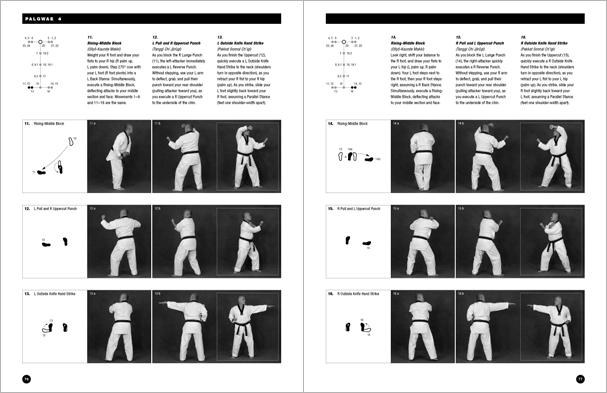 Sample pages from 'Taekwondo: Complete WTF Forms', an in-depth look at Taekwondo's most popular forms systems: Palgwae, Taeguk, and WTF Black Belt. Includes footwork diagrams and self-defense use.