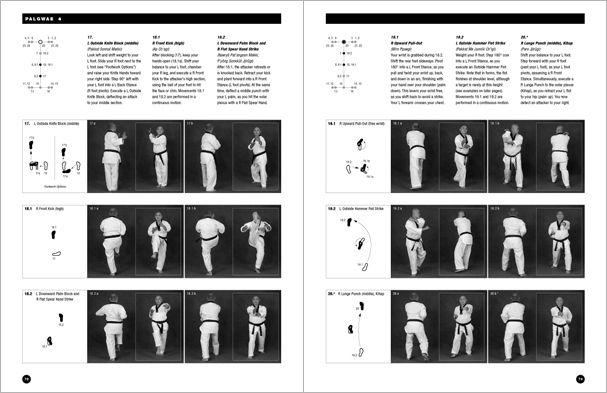 Sample pages from 'Taekwondo: Complete WTF Forms', an in-depth look at Taekwondo's most popular forms systems: Palgwae, Taeguk, and WTF Black Belt. Includes footwork diagrams and self-defense use.